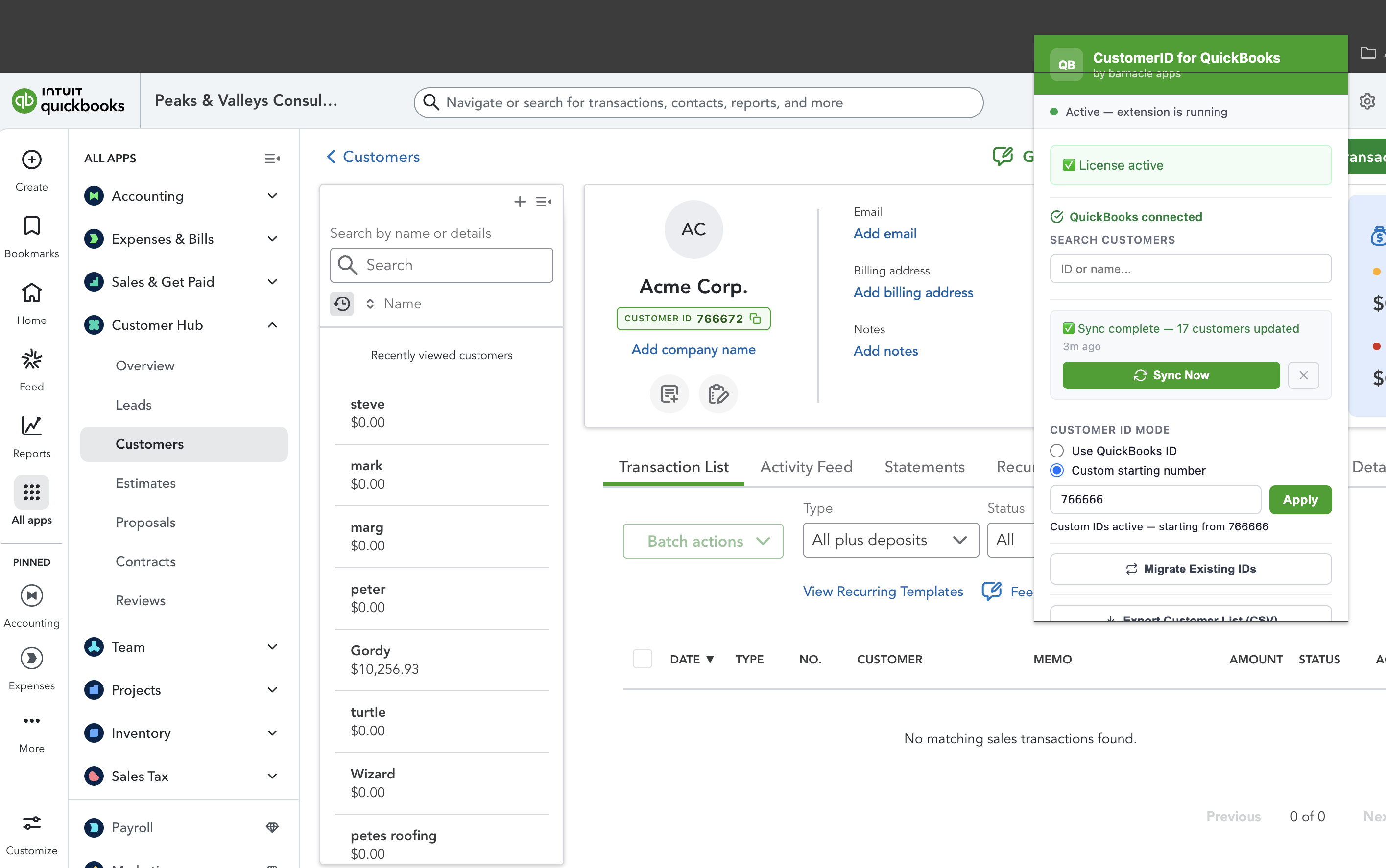 CustomerID extension showing Customer ID badge on a QuickBooks customer page with extension popup